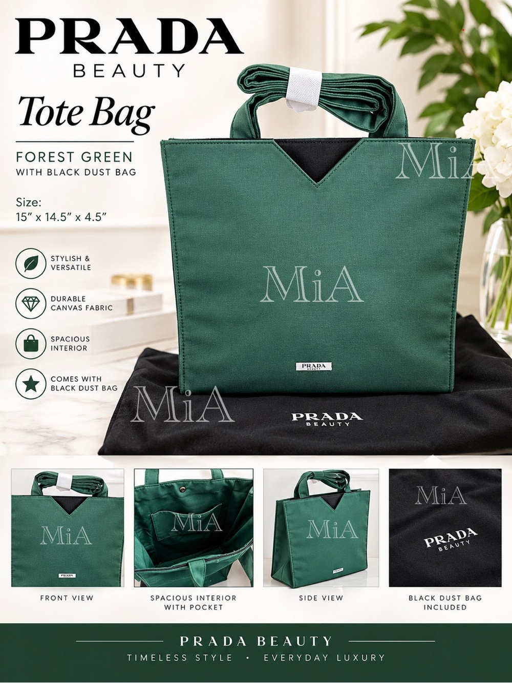 Prada Beauty Paradigme Tote Bag / Travel / Beach Forest Green & Black Dust Bag